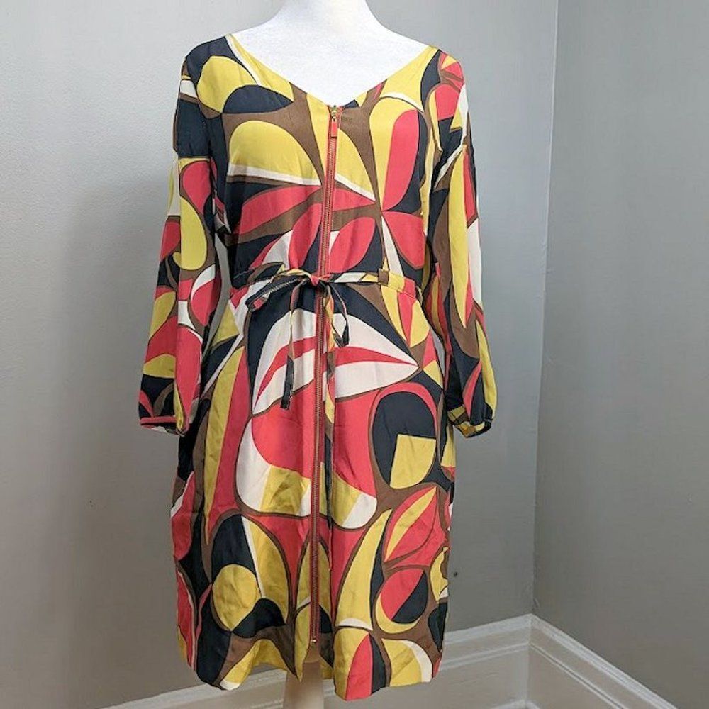 Anthropologie Beth Bowley Silk Dress Zip Front Psychedelic Retro Pockets Size 4